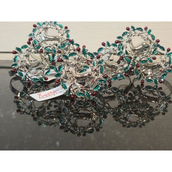 Vintage Reindeer Wreath napkin rings Christmas table Green Leaves & Red Berries - Picture 6 of 10